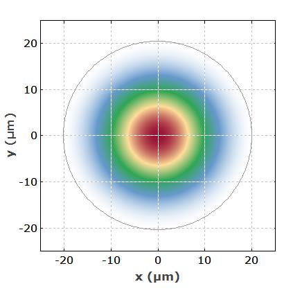 Figure 3: Intensity profile of the fundamental mode in a multimode fiber. The gray circle indicates the core/cladding boundary.